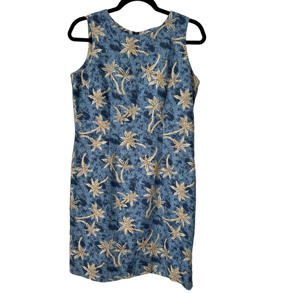 Samantha Taylor Dress Women's Size 8P Blue Coconut Tree Sleeveless Linen Sheath